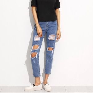 Blue Ripped Ankle Jeans